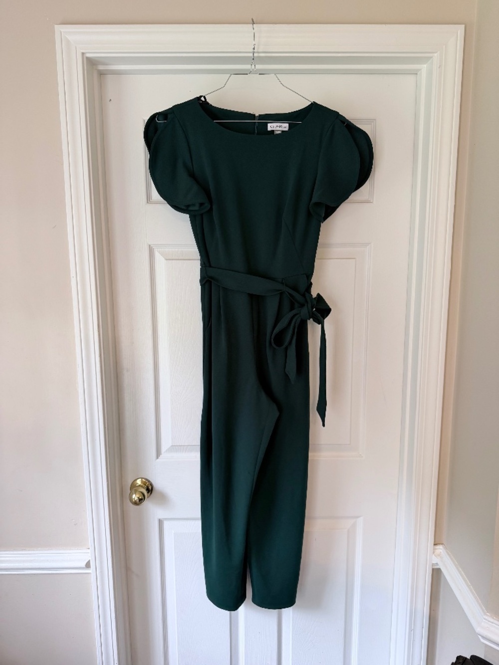Calvin Klein Green Tulip Sleeve Tie Waist Jumpsuit Womens Size 6 Pocketed Crepe